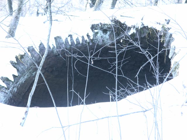 Close-up view of a snow-covered coke oven structure